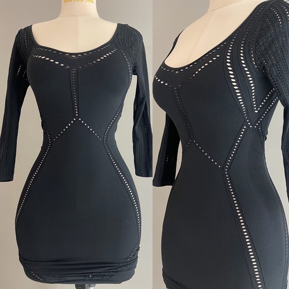 NWT BEBE Bodycon form fitting Dotty stitch Mini dress Small - Black - Picture 4 of 4